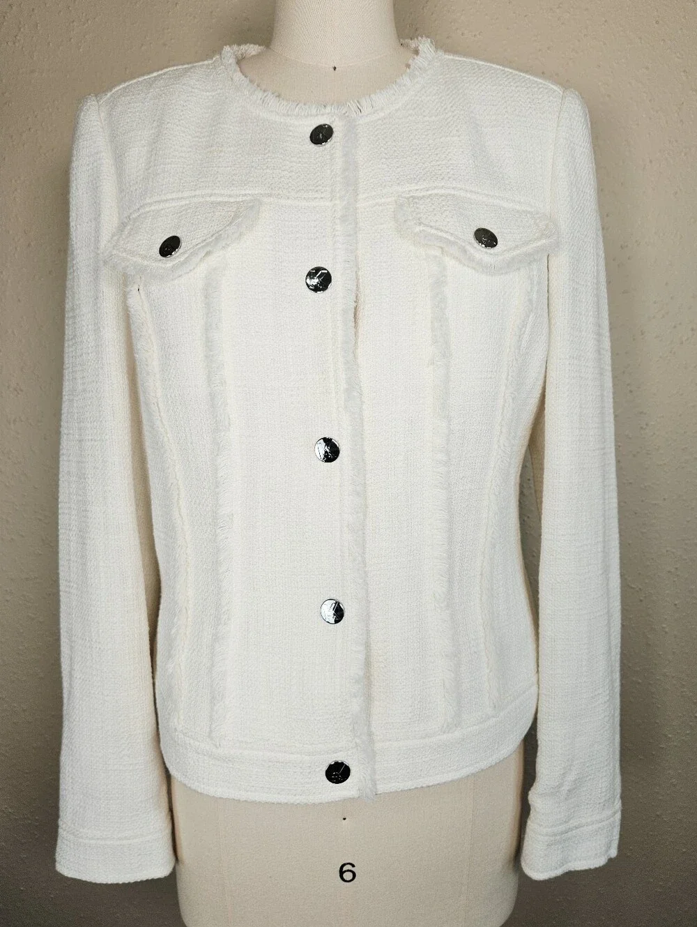 Karl Lagerfeld Paris White Tweed Fringe Jacket Collarless Snap Front Size 6